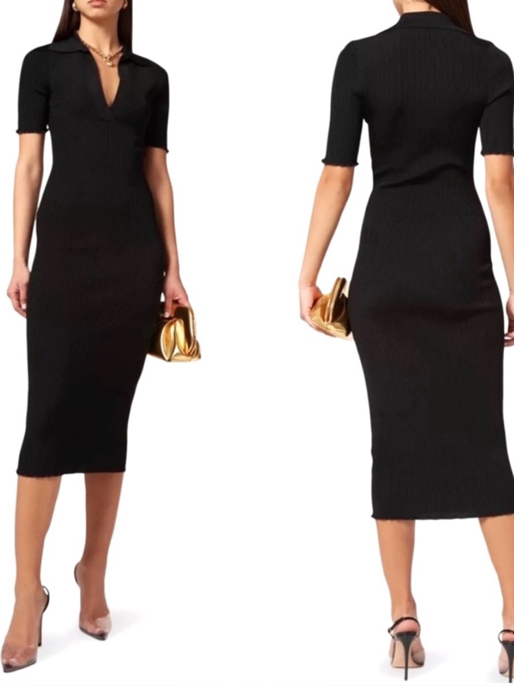 Good American Black Ribbed Polo Midi Dress Size 2/M ASO Mayfair Witches - Picture 2 of 8